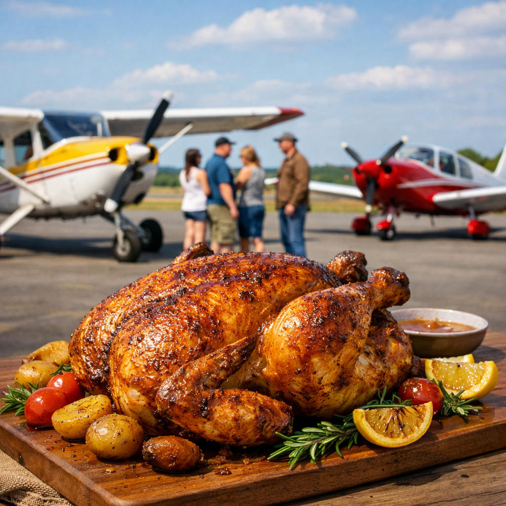 Geroestetes-Haehnchen-vor-Flugzeugen