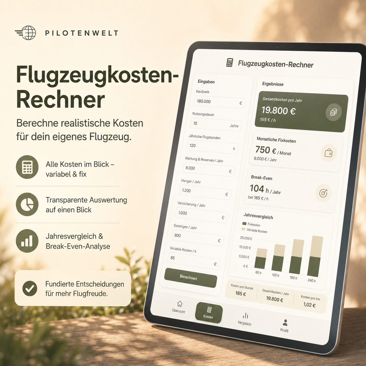 Flugzeugkosten Rechner für UL und Privatflugzeuge